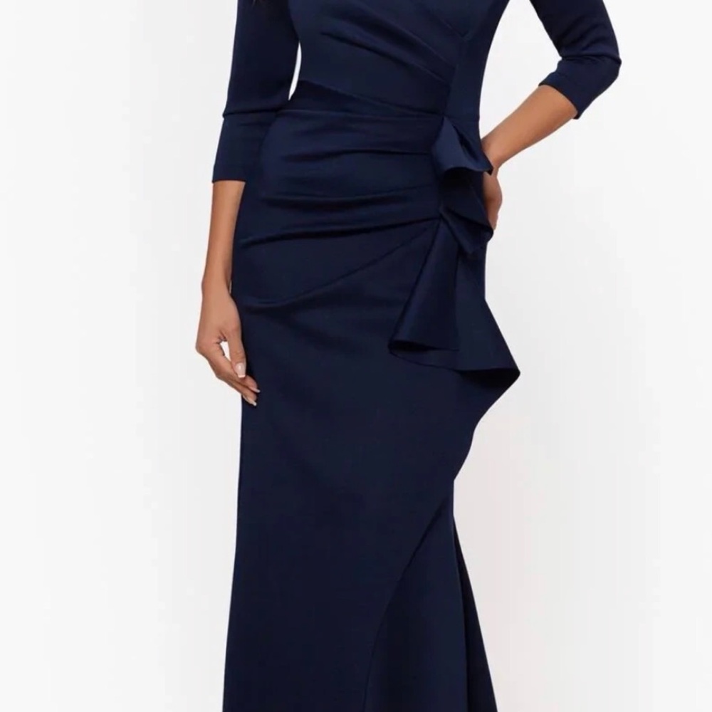 Xscape Navy Ruffled Maxi Dress